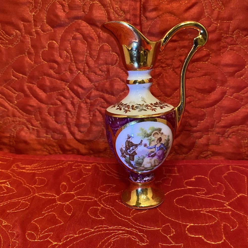 Porcelaine Artistique Burgandy w Gold Spout F. M LIMOGES FRANCE Cruet Vase 1920s